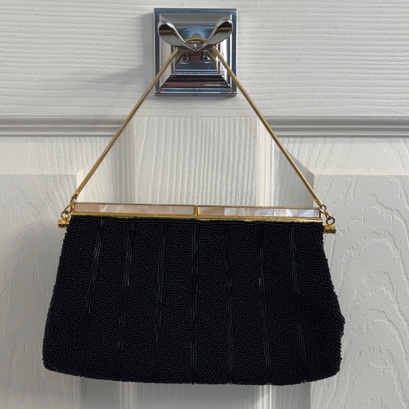 Vintage Elegant Black Beaded Evening Handbag w/ Mother of Pearl Clasp- Gorgeous! - Picture 1 of 14